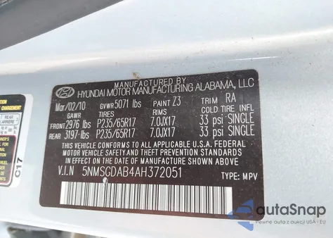 2010 Hyundai Santa Fe Gls from USA, damaged, VIN 5NMSGDAB4AH372051